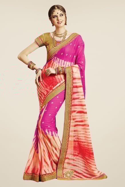 Salwar Studio Pink & Red Georgette Bandhej Saree Salwar Studio Pink & Red Georgette Bandhej Saree