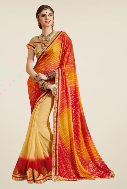 Salwar Studio Yellow & Red Georgette Bandhej Saree Salwar Studio Yellow & Red Georgette Bandhej Saree