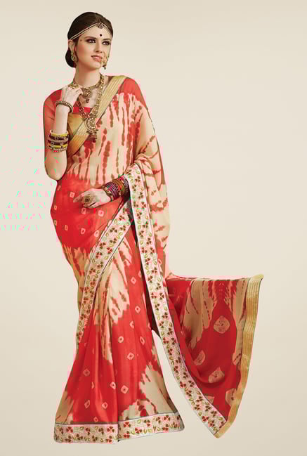 Salwar Studio Orange & Cream Georgette Bandhej Saree Salwar Studio Orange & Cream Georgette Bandhej Saree