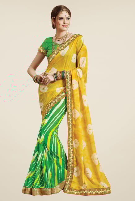 Salwar Studio Green & Yellow Georgette Bandhej Saree Salwar Studio Green & Yellow Georgette Bandhej Saree