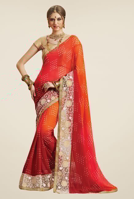Salwar Studio Orange & Red Georgette Bandhej Saree Salwar Studio Orange & Red Georgette Bandhej Saree