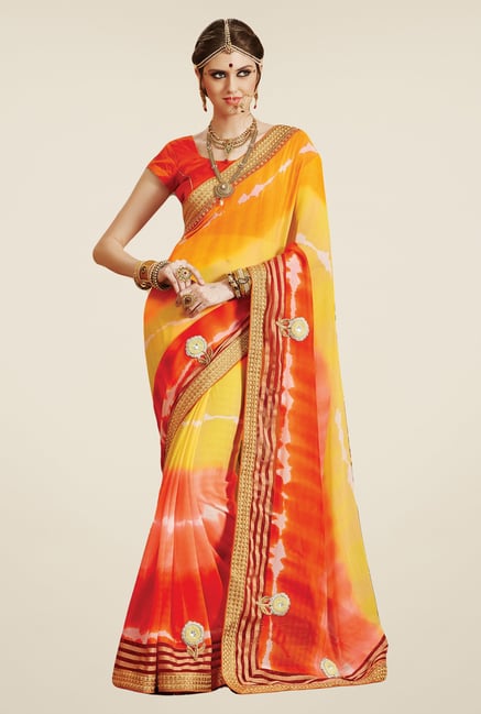 Salwar Studio Orange & Yellow Georgette Bandhej Saree Salwar Studio Orange & Yellow Georgette Bandhej Saree