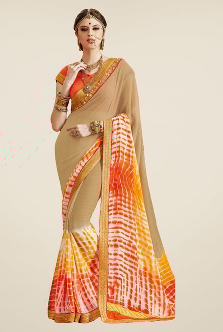 Salwar Studio Beige & Orange Georgette Bandhej Saree Salwar Studio Beige & Orange Georgette Bandhej Saree