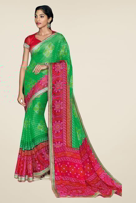 Salwar Studio Green & Pink Georgette Bandhej Saree Salwar Studio Green & Pink Georgette Bandhej Saree