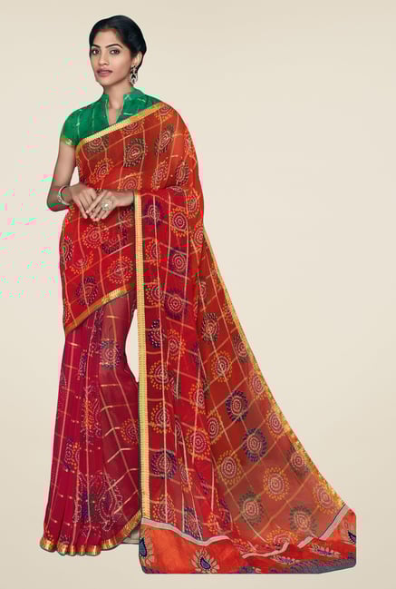 Salwar Studio Red & Green Georgette Bandhej Saree Salwar Studio Red & Green Georgette Bandhej Saree