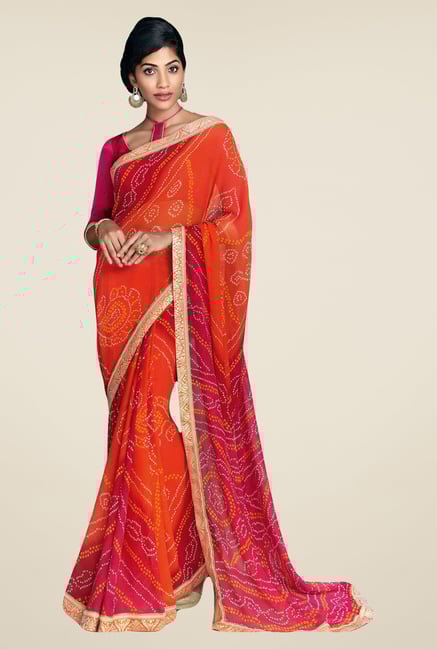 Salwar Studio Orange & Pink Georgette Bandhej Saree Salwar Studio Orange & Pink Georgette Bandhej Saree