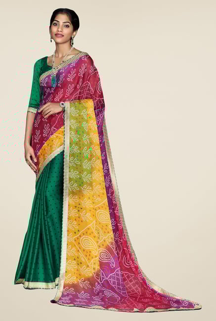 Salwar Studio Green & Pink Georgette Bandhej Saree Salwar Studio Green & Pink Georgette Bandhej Saree