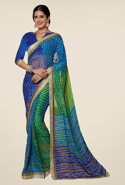 Salwar Studio Blue & Green Georgette Bandhej Saree Salwar Studio Blue & Green Georgette Bandhej Saree