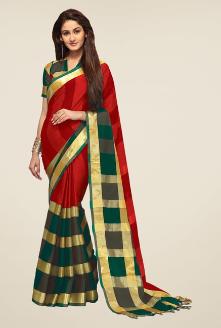 Salwar Studio Red & Green Striped Saree Salwar Studio Red & Green Striped Saree