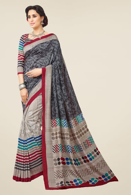 Salwar Studio Grey & Maroon Valkalam Bhagalpuri Silk Saree Salwar Studio Grey & Maroon Valkalam Bhagalpuri Silk Saree