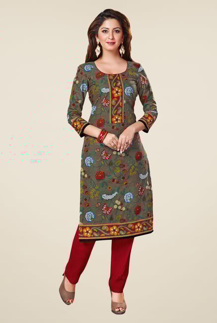 Salwar Studio Grey & Red Floral Print Unstitched Kurti Salwar Studio Grey & Red Floral Print Unstitched Kurti