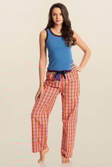 PrettySecrets Orange & Cobalt Checks Pyjama PrettySecrets Orange & Cobalt Checks Pyjama