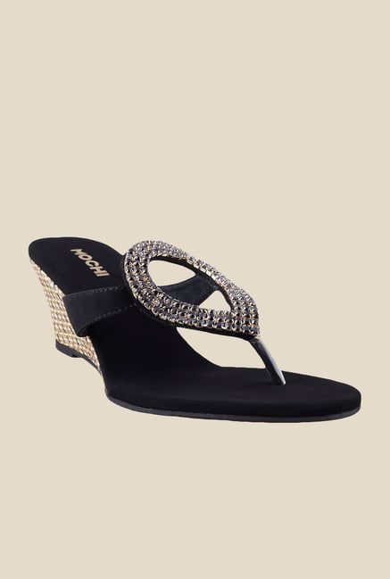 Mochi Black Wedge Heeled Thong Sandals Mochi Black Wedge Heeled Thong Sandals