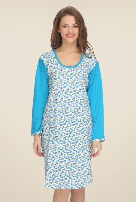 Clovia Blue & White Floral Print Nightdress Clovia Blue & White Floral Print Nightdress