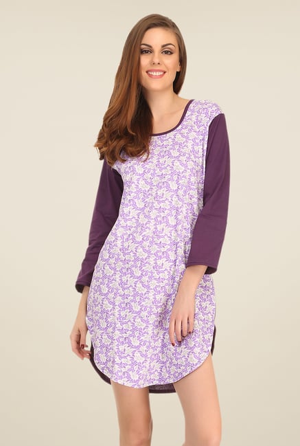 Clovia Purple & White Floral Print Nightdress Clovia Purple & White Floral Print Nightdress