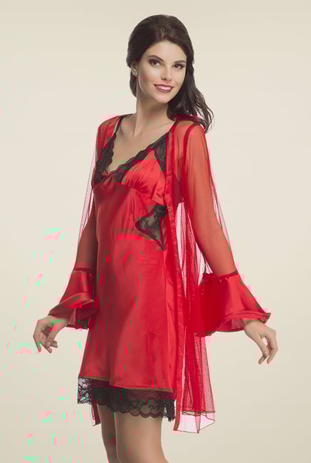 Clovia Red Lace Nightdress & Robe Set Clovia Red Lace Nightdress & Robe Set