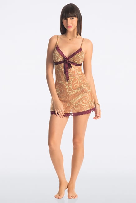 PrettySecrets Brown Paisley Print Strappy Sheer Babydoll PrettySecrets Brown Paisley Print Strappy Sheer Babydoll