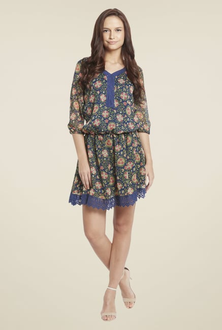 Globus Navy Floral Print Blouson Dress Globus Navy Floral Print Blouson Dress