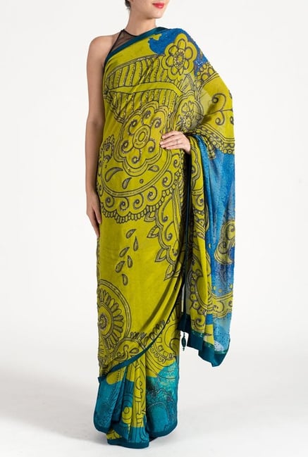 Satya Paul Olive & Blue Crepe Saree Satya Paul Olive & Blue Crepe Saree