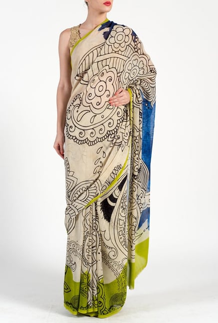 Satya Paul Beige & Lime Green Georgette Saree Satya Paul Beige & Lime Green Georgette Saree