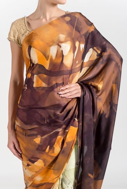 Satya Paul Brown & Beige Georgette Satin Saree Satya Paul Brown & Beige Georgette Satin Saree