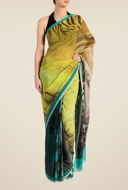 Satya Paul Yellow & Turquoise Georgette Saree Satya Paul Yellow & Turquoise Georgette Saree