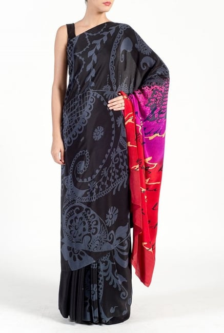 Satya Paul Grey & Black Crepe Saree Satya Paul Grey & Black Crepe Saree