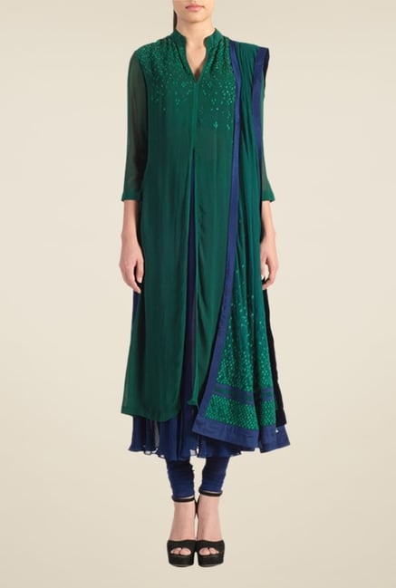 Satya Paul Blue & Green Embellished Georgette Suit Set Satya Paul Blue & Green Embellished Georgette Suit Set