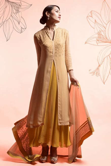 Satya Paul Beige & Yellow Embellished Georgette Suit Set Satya Paul Beige & Yellow Embellished Georgette Suit Set