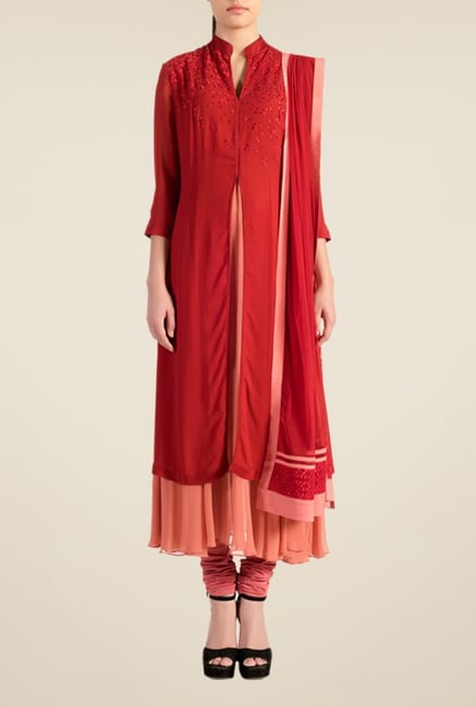 Satya Paul Red & Peach Embellished Georgette Suit Set Satya Paul Red & Peach Embellished Georgette Suit Set