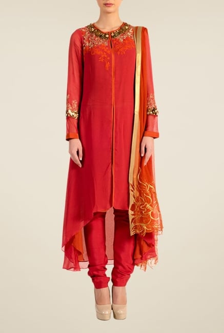 Satya Paul Tomato Red Embellished Viscose Georgette Suit Set Satya Paul Tomato Red Embellished Viscose Georgette Suit Set