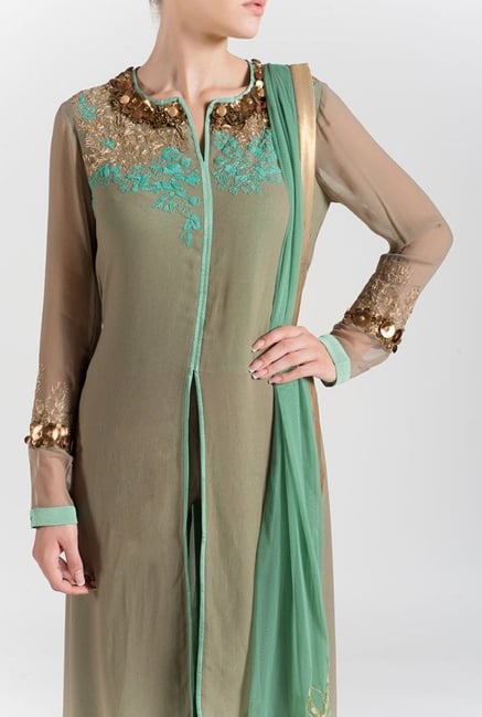 Satya Paul Grey & Green Embroidered Georgette Suit Set Satya Paul Grey & Green Embroidered Georgette Suit Set