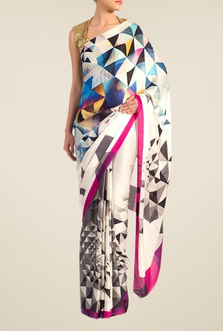 Satya Paul Cream Georgette Satin Saree Satya Paul Cream Georgette Satin Saree