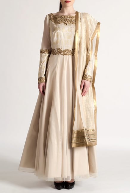 Satya Paul Beige Embellished Super Net Suit Set Satya Paul Beige Embellished Super Net Suit Set