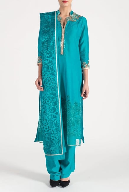 Satya Paul Turquoise Embellished Chanderi Suit Set Satya Paul Turquoise Embellished Chanderi Suit Set