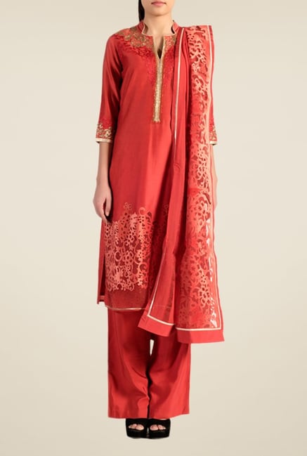Satya Paul Orange Embellished Chanderi Suit Set Satya Paul Orange Embellished Chanderi Suit Set