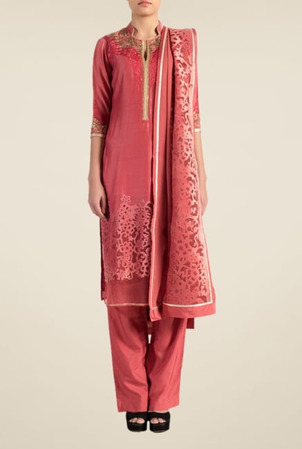Satya Paul Pink Embellished Chanderi Suit Set Satya Paul Pink Embellished Chanderi Suit Set