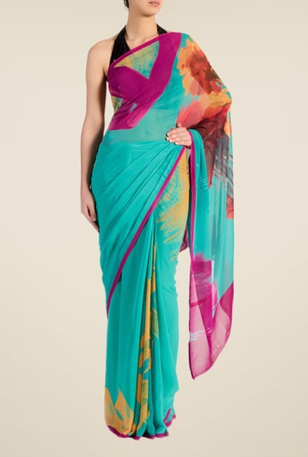 Satya Paul Turquoise Crepe Saree Satya Paul Turquoise Crepe Saree
