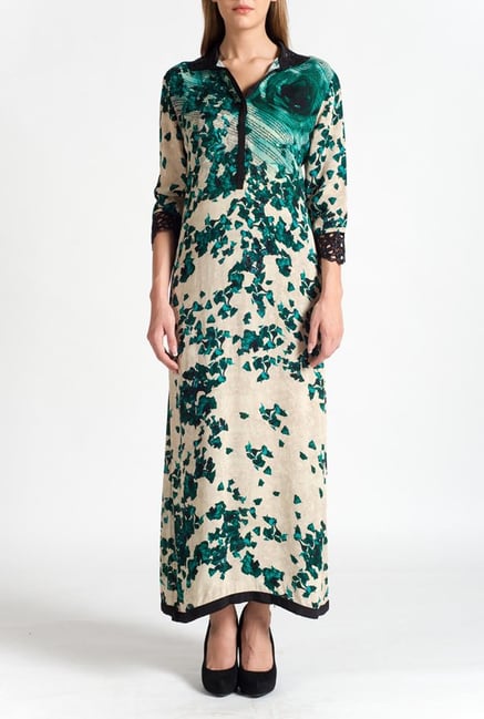 Satya Paul Beige & Teal Printed Kurta Satya Paul Beige & Teal Printed Kurta