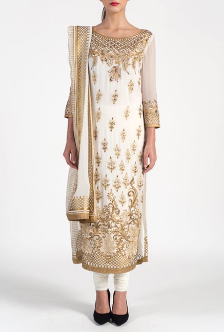 Satya Paul White Embellished Georgette Suit Set Satya Paul White Embellished Georgette Suit Set