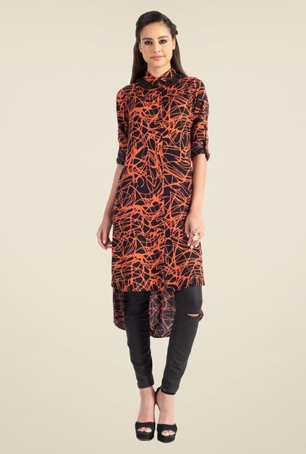 Satya Paul Black & Orange Printed Kurta - Club SP Satya Paul Black & Orange Printed Kurta - Club SP