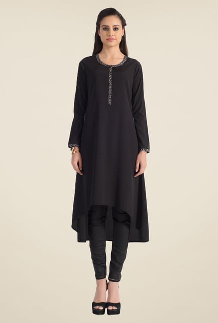 Satya Paul Black Solid Kurta - Club SP Satya Paul Black Solid Kurta - Club SP