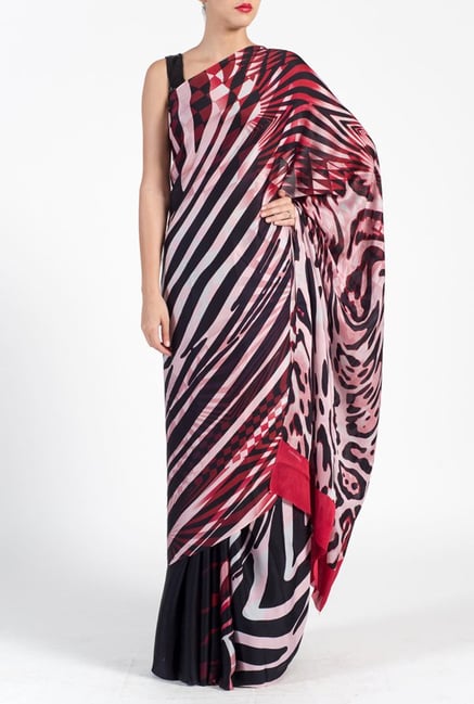 Satya Paul Red & Black Georgette Satin Saree Satya Paul Red & Black Georgette Satin Saree