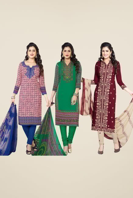 Salwar Studio Pink, Green, Maroon Dress Material (Pack Of 3) Salwar Studio Pink, Green, Maroon Dress Material (Pack Of 3)
