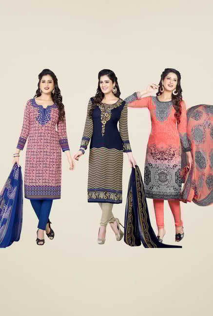 Salwar Studio Pink, Navy & Peach Dress Material (Pack Of 3) Salwar Studio Pink, Navy & Peach Dress Material (Pack Of 3)