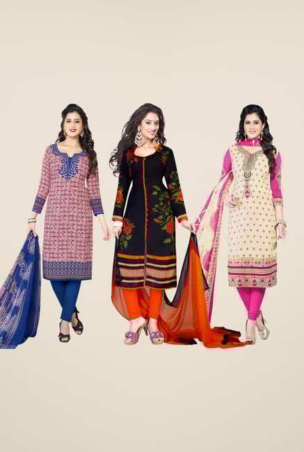 Salwar Studio Pink, Black & Beige Dress Material (Pack Of 3) Salwar Studio Pink, Black & Beige Dress Material (Pack Of 3)