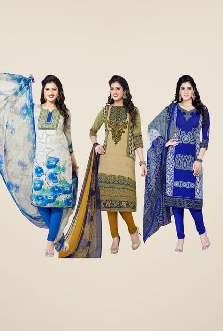 Salwar Studio White, Beige & Blue Dress Material (Pack Of 3) Salwar Studio White, Beige & Blue Dress Material (Pack Of 3)