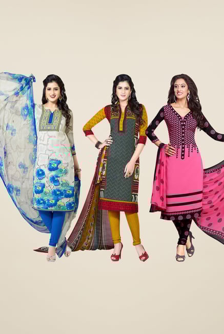 Salwar Studio White, Grey & Pink Dress Material (Pack Of 3) Salwar Studio White, Grey & Pink Dress Material (Pack Of 3)