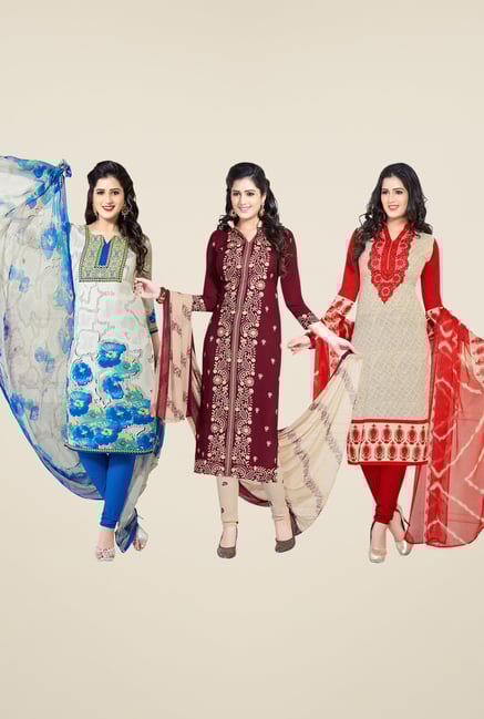 Salwar Studio White, Maroon, Beige Dress Material(Pack Of 3) Salwar Studio White, Maroon, Beige Dress Material(Pack Of 3)