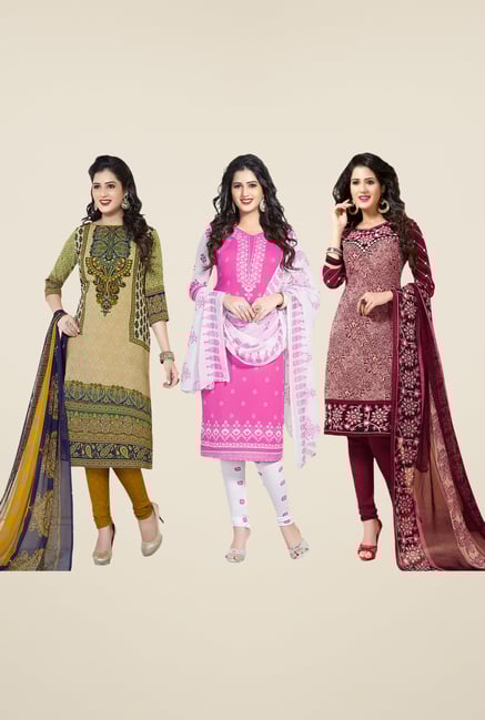 Salwar Studio Beige, Pink, Maroon Dress Material (Pack Of 3) Salwar Studio Beige, Pink, Maroon Dress Material (Pack Of 3)